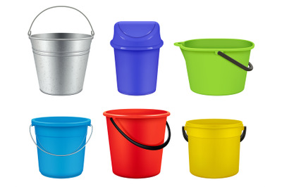 Buckets collection. Empty plastic or metal containers for liquids wate