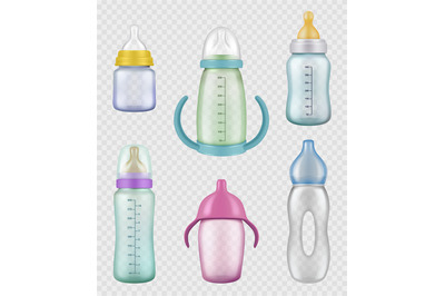 Nutritional kids bottles. Measuring containers for milk products trans