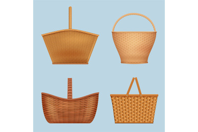 Picnic basket. Handmade decorative containers for nature food vector e