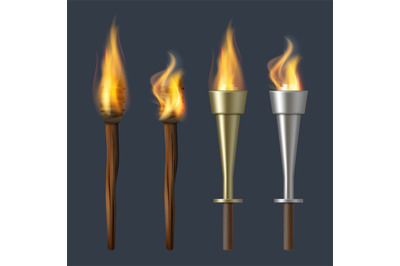 Fire torch. Realistic flame torches olympic bonfire vector illustratio