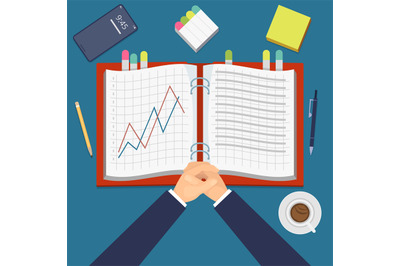 Financial performance. Work diary with graphs top view, investment pro