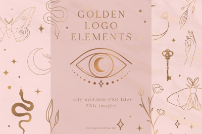 Golden Logo Elements. Esoteric mystic symbols: eye, stars, cat, snake.