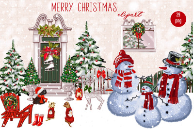 Winter scene Clipart, Merry Christmas door scene