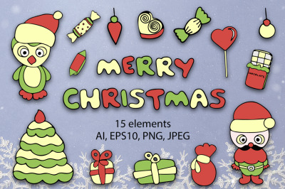 Christmas Clip Art PNG. Hand-Drawn Colorful Vector Christmas Clipart.