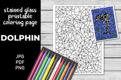 Dolphin Coloring Page. Stained Glass Coloring Book.