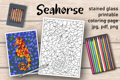 Seahorse Coloring Page. Stained Glass Coloring Book.