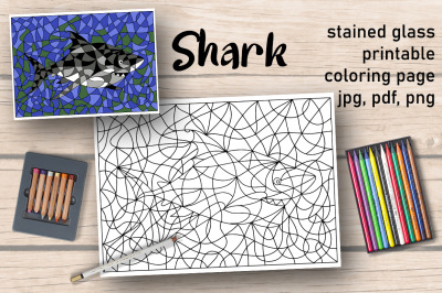 Shark Coloring Page. Stained Glass Coloring Book.