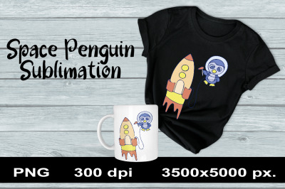 Cute Space Penguin Sublimation PNG Design. Animal Clipart.