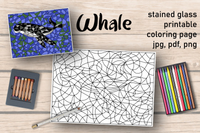 Whale Coloring Page. Stained Glass Coloring Book.