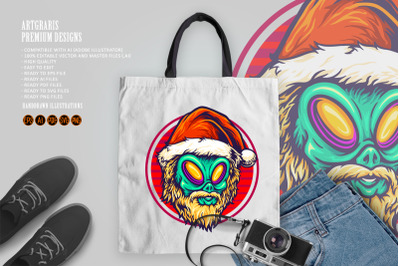 Alien Head Santa Mustache Logo Illustrations