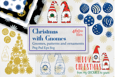 Christmas Gnomes with snowflake ornaments and seamless patterns.