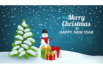 Christmas snowy background. Snowman gifts x-mas tree, new year festive