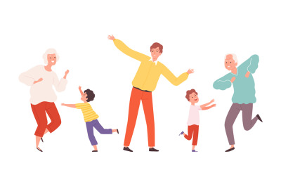 Cute dancing family. Elderly adult and children dencers characters. Ha