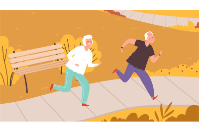 Elderly running in autumn park. Happy seniors characters, outdoor fall