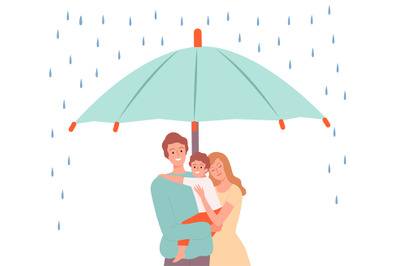 Family in safe. Parents with child under big umbrella. Health protecti