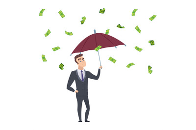 Money rain. Businessman with umbrella under falling cash. Investment p