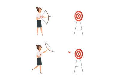 Woman shooting target. Business lady win, manager holding bow and arro