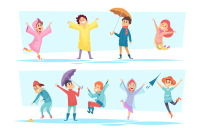 Rain characters. Happy kids playing in autumn puddles raincoat wet wea