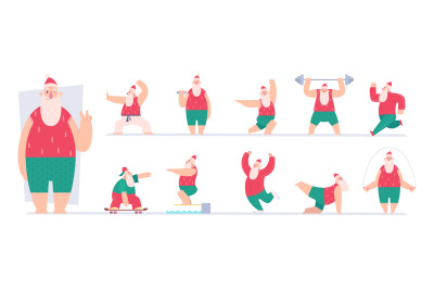 Active santa. Sport fairytale characters santa making exercises gym wo