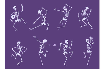 Skeleton dancing. Party funny characters dancers poses on halloween pa