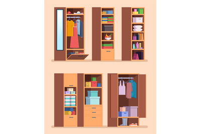 Organized wardrobe. Shelves with clothes interior furniture for jacket