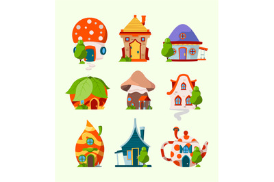 Cute funny houses. Magic fairytale buildings leprechaun room elf fores