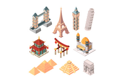 Historical famous landmarks. Isometric symbols for travellers building