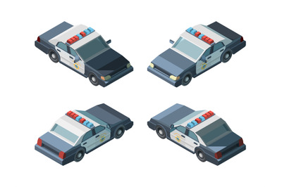 Police car. Emergency isometric vehicles different views police chase