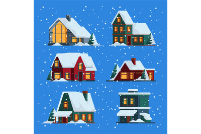 Winter houses. Christmas cute wooden buildings cottage with snow cap v