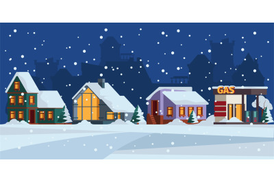 Winter landscape. Cottage snow facade christmas landscape vector color