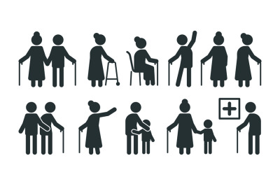 Elderly people symbols. Old persons stylized pictogram seniors in vari