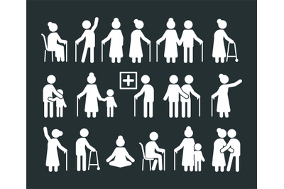 Seniors pictogram. Elderly people standing in various poses old parent