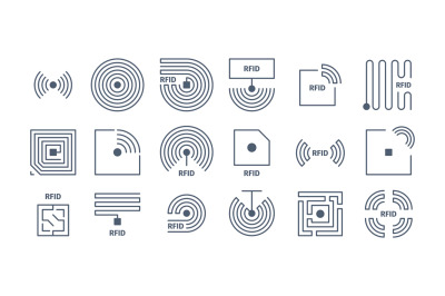 Rfid icons. Radio tagging chips identification wireless semiconductors