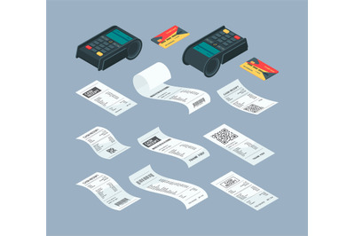 Payment terminal isometric. Purchase billing financial paper check and