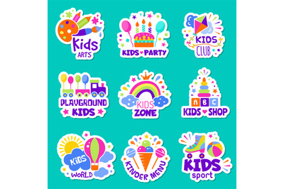 Kids logo. Toys shop identity creative children club badges kids playi