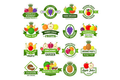 Fruits logos. Decoration badges with healthy fruits fresh farm eco nat