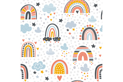 Scandinavian rainbow pattern. Graphic shapes of rainbow and rain drawn