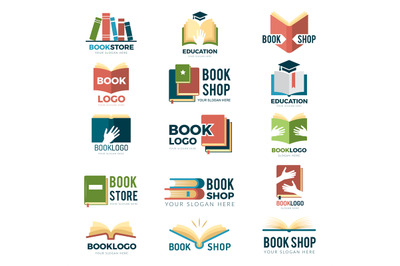 Book symbols. Reading club identity stylized pictures publishing logot