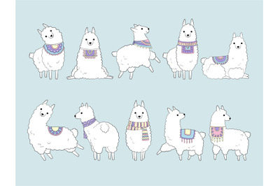 Llama cute. Drawing funny animals in doodle style peru llamas collecti