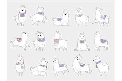 Funny llamas. Cute alpaca camel and wild lamas ethnic animals vector d