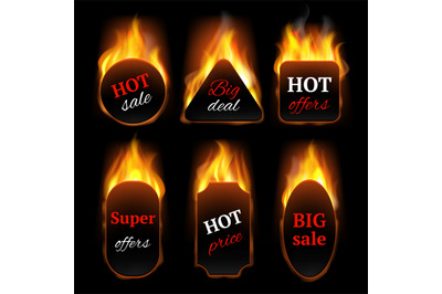 Hot special offers. Promo banners with fire flame vector realistic tem