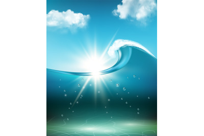 Ocean background. Waves flow underwater surface sunrise with clouds ab