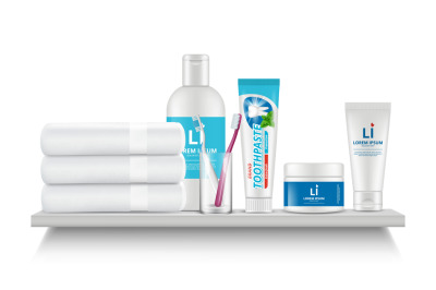 Bathroom shelf. Realistic white towel, cosmetic bottles toothpaste tub