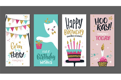 Birthday cards. Gift posters, cute greetings banners template. Art typ