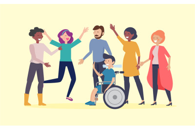 Disability day poster. Happy disabled man in wheelchair and friends. E