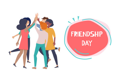 Friendship day poster. Happy people hight five, international friends