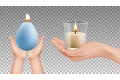 Hands holding candles. Realistic lights, religion symbols. Holiday dec