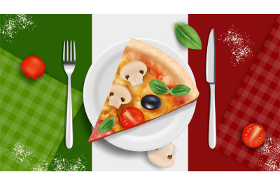 Italian cuisine banner. Pizza on plate&2C; realistic basil tomatoes cutle