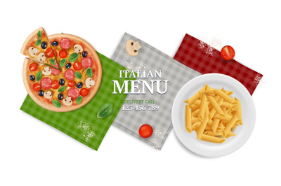 Italian menu banner. Pizza pasta on plate&2C; napkins and tomato. Realist