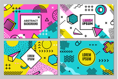 Memphis banners. Abstract geometric background, funky pop art style ve